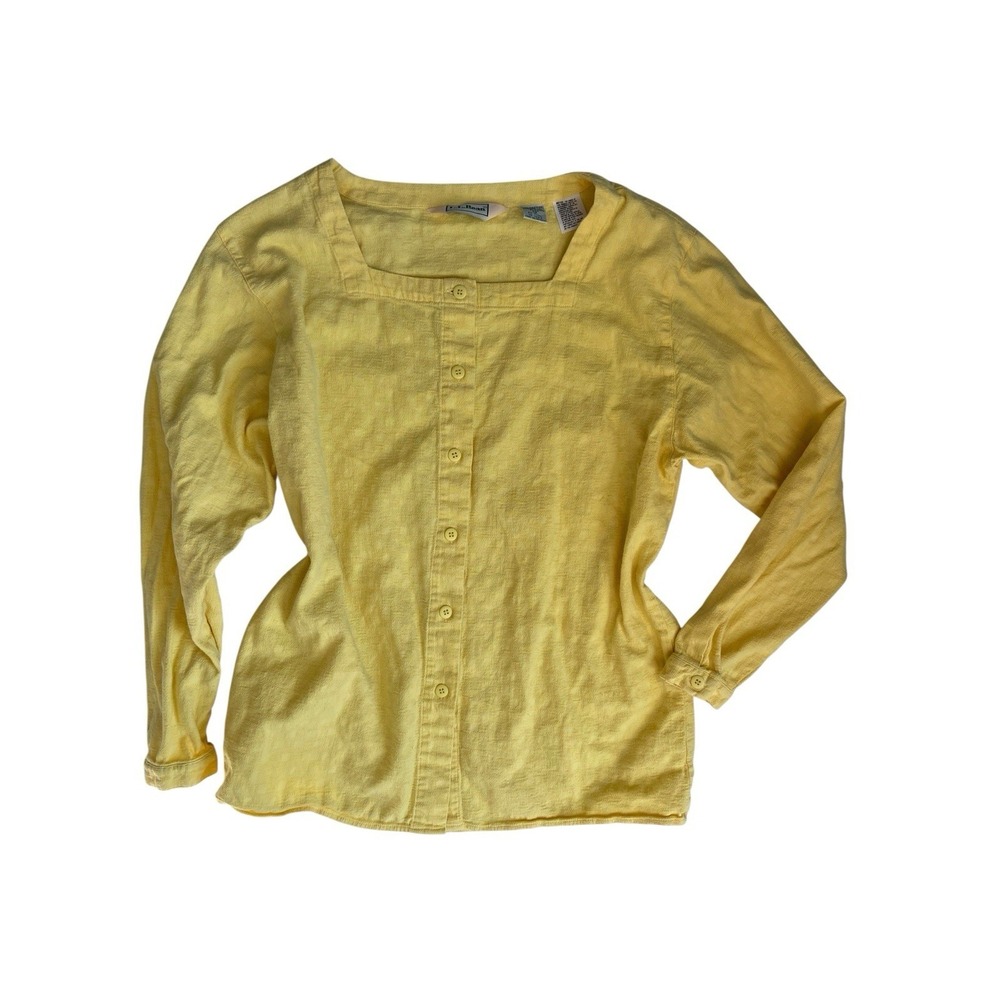Vintage LL Bean Womens Button Front‎ Blouse Size 12 Yellow Textured Cottagecore